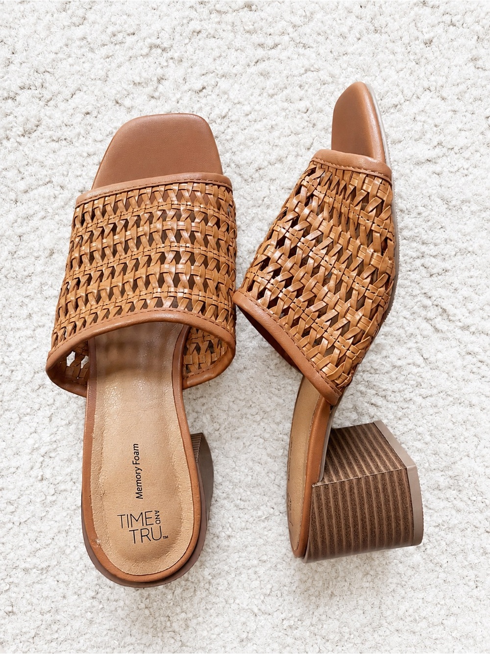 Time and Tru Woven Tan Block Heel Slide Mules with memory foam